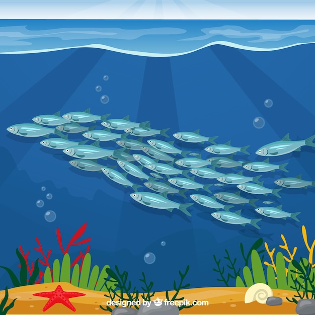 Fondo de banco de peces con mar profundo en estilo plano