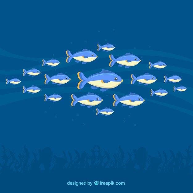 Fondo de banco de peces con mar profundo en estilo plano