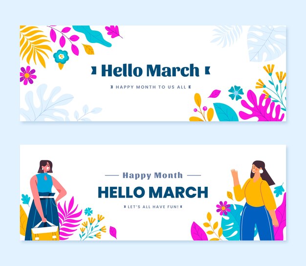 Vector gratuito fondo y banner de hola marzo plano