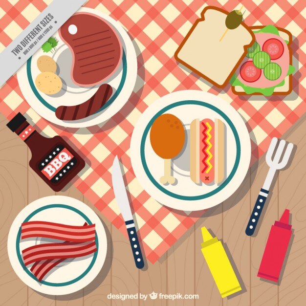 Fondo de barbacoa y picnic con platos