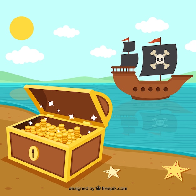 Vector gratuito fondo de barco pirata y tesoro