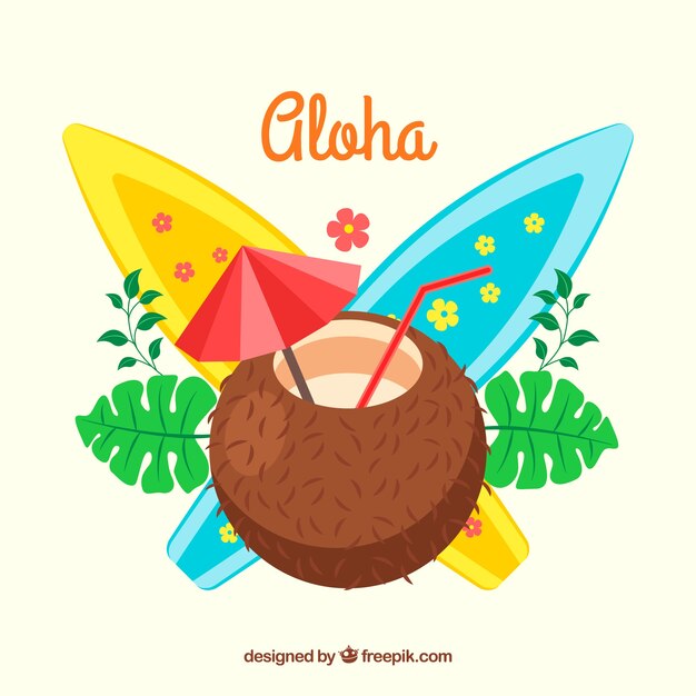 Fondo de bebida de coco con tablas de surf decorativas 