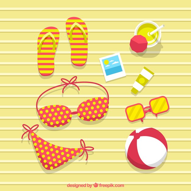 Fondo de bikini con elementos de playa en diseño plano
