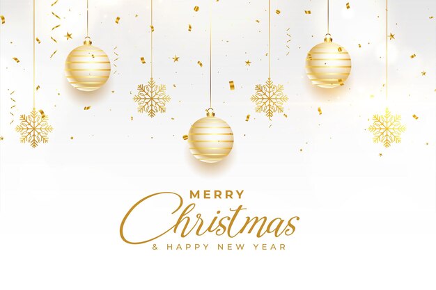 Fondo blanco de la decoración elegante de la chuchería y de los copos de nieve de la Feliz Navidad