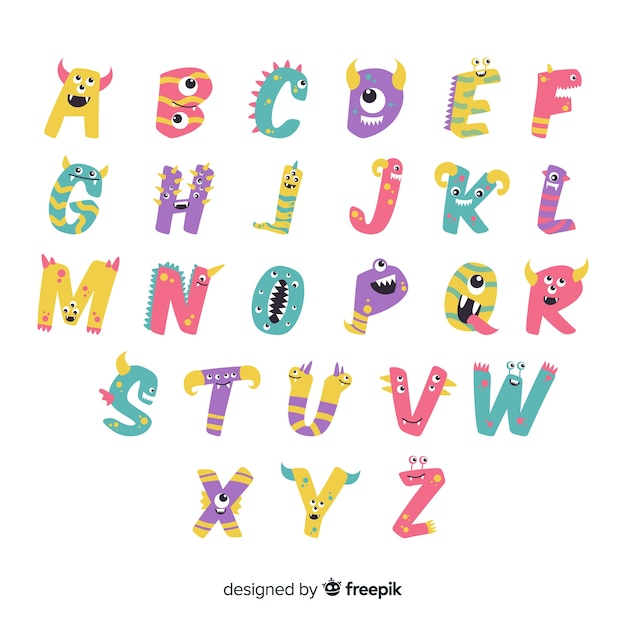 Fondo blanco con letras del alfabeto con monstruos de halloween