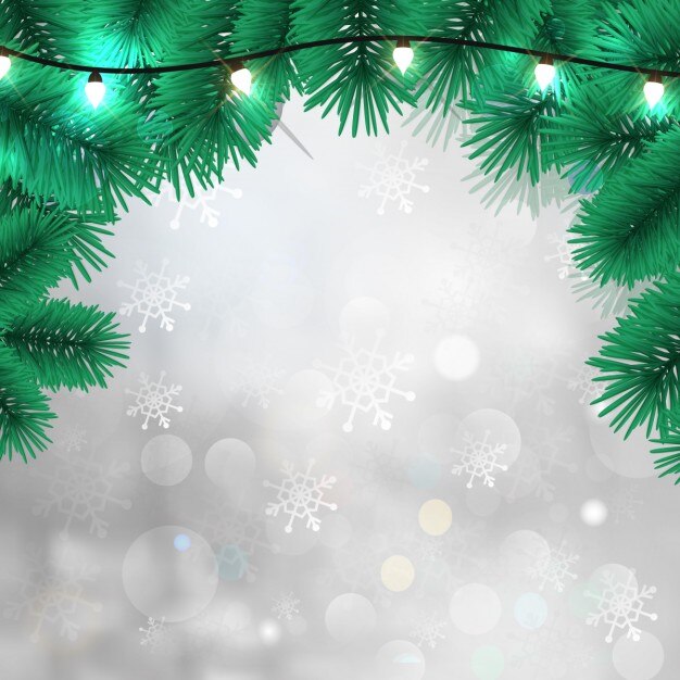 Fondo blanco con luces de navidad y copos de nieve