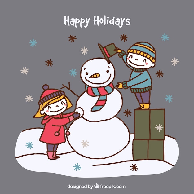 Vector gratuito fondo de bocetos de niños felices haciendo un muñeco de nieve