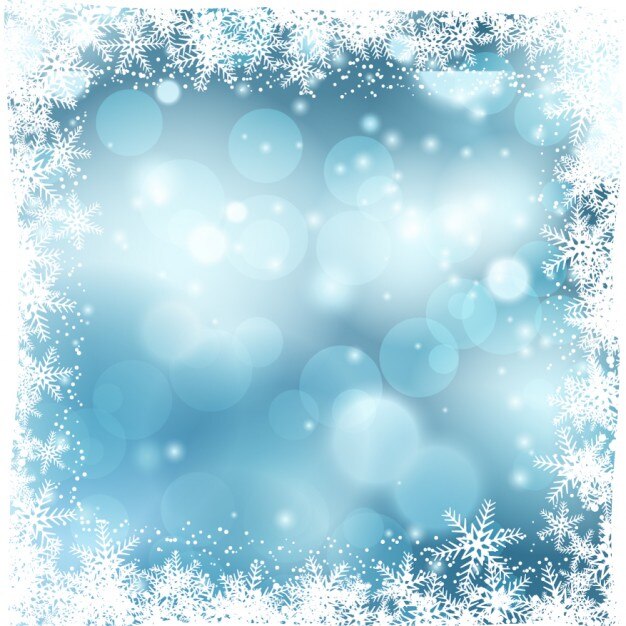 Fondo bokeh azul con copos de nieve