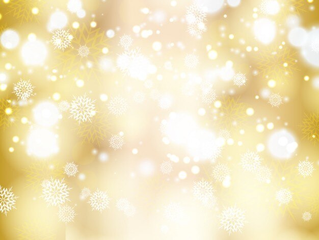Fondo bokeh dorado con copos de nieve
