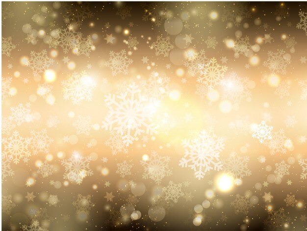 Fondo bokeh dorado de copos de nieve
