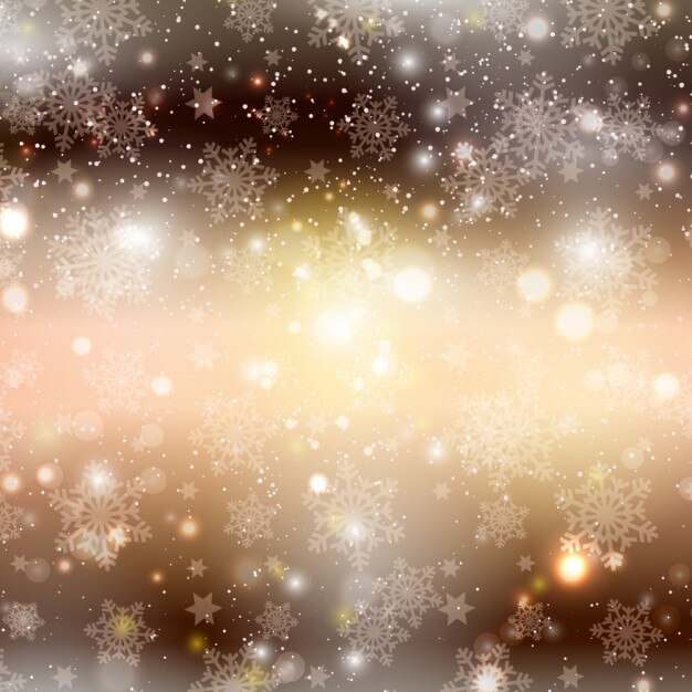 Fondo de bokeh dorado con copos de nieve