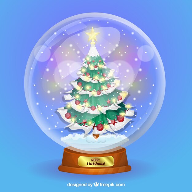 Fondo de bola de nieve con árbol de navidad decorativo