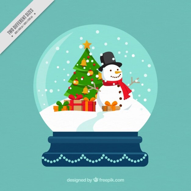Fondo de bola de nieve ornamental con muñeco de nieve y regalos 