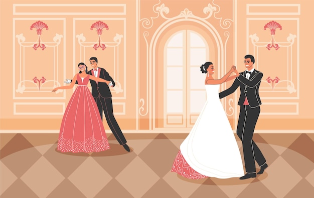 Fondo de bola real con danza y símbolos de vestimenta elegante ilustración vectorial plana