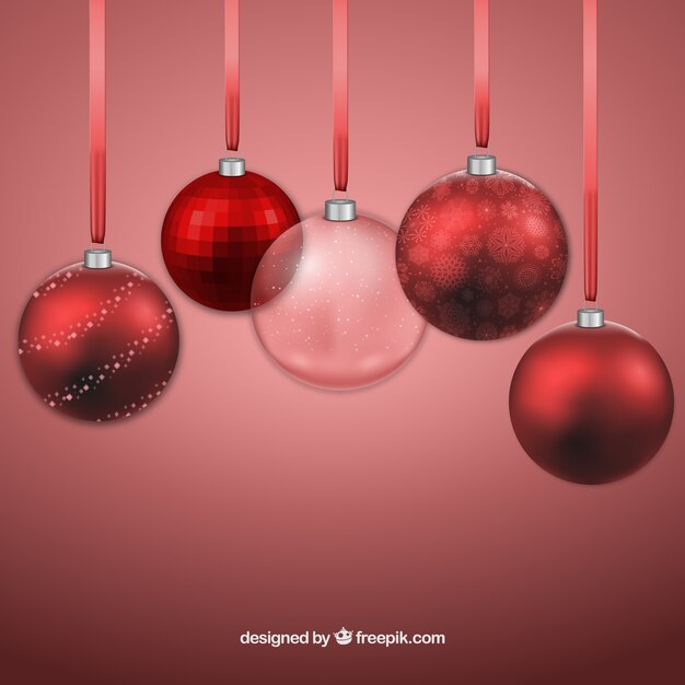 Fondo de bolas navideñas realistas y rojas