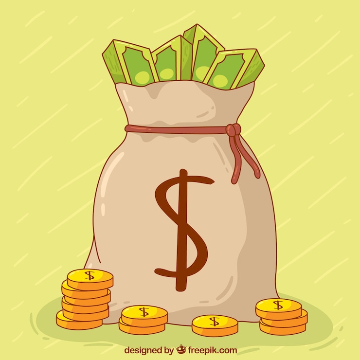 Vector gratuito fondo de bolsa de dinero con billetes y monedas