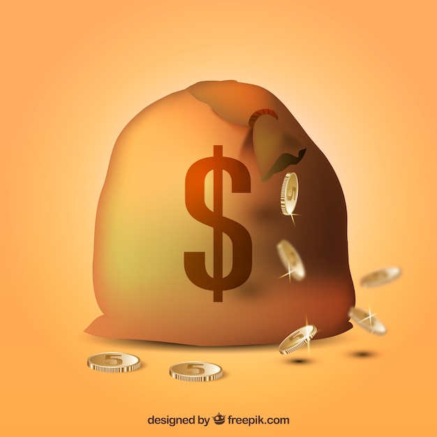 Fondo de bolsa con símbolo de dolar y monedas