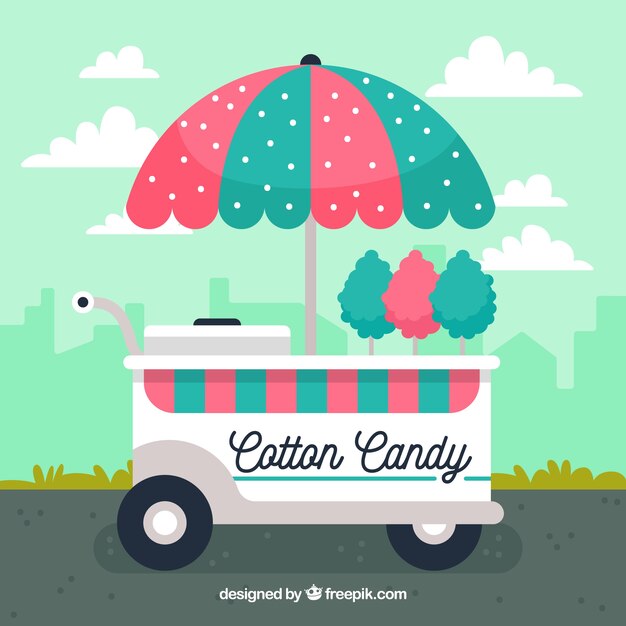 Fondo de bonito carrito de algodones de azúcar en diseño plano