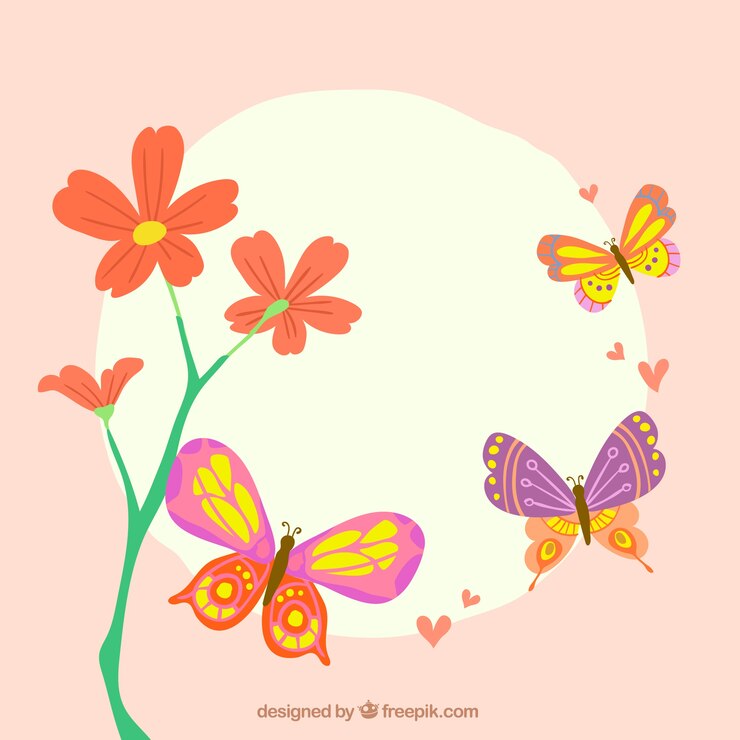 Vector gratuito fondo bonito con flor y mariposas volando