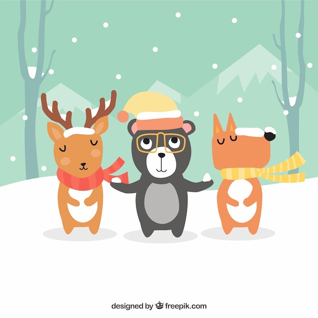 Fondo de bonitos animales con gorro y bufanda en un paisaje de invierno