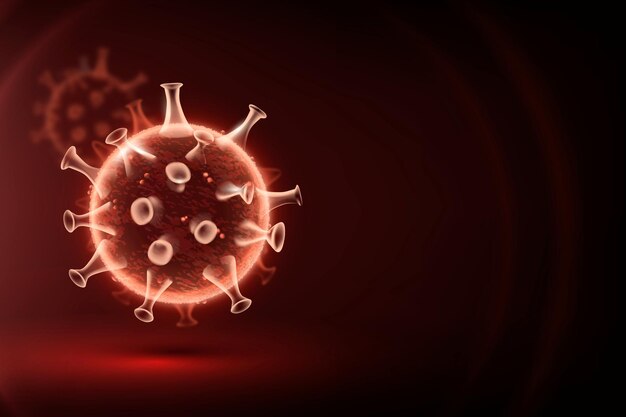 Fondo de borde de vector de célula de virus Covid-19 en rojo neón con espacio en blanco