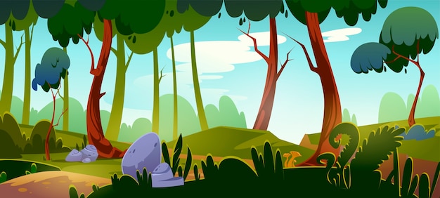 Fondo de bosque de dibujos animados, paisaje natural con árboles de hoja caduca, rocas, pasto verde y arbustos en el suelo. Vista del hermoso paisaje, madera de verano o primavera o área de parque con plantas, ilustración vectorial