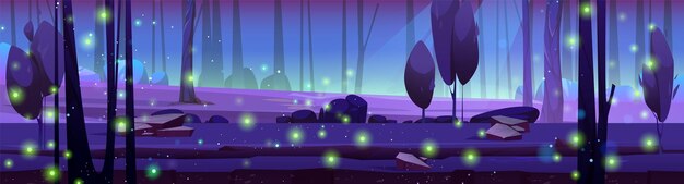 Fondo de bosque nocturno con luciérnagas verdes brillando en la oscuridad Ilustración de dibujos animados vectoriales de paisaje oscuro con árboles viejos arbustos y luces mágicas de hierba brillando en el aire haz de luz de la luna