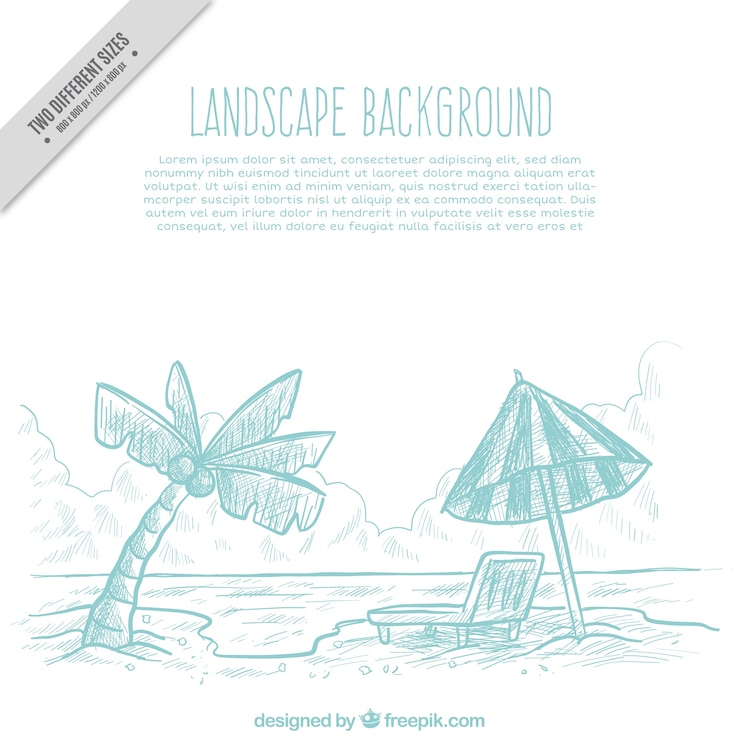 Vector gratuito fondo de bosquejo de playa con sombrilla y palmera