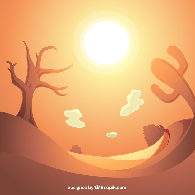Fondo brillante del desierto con árbol seco y cactus