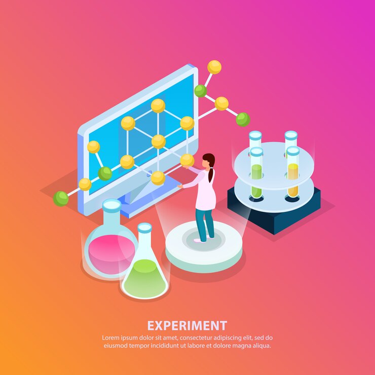 Vector gratuito fondo de brillo isométrico de investigación científica con computadora de modelo molecular y tubos de ensayo de texto editable carácter humano
