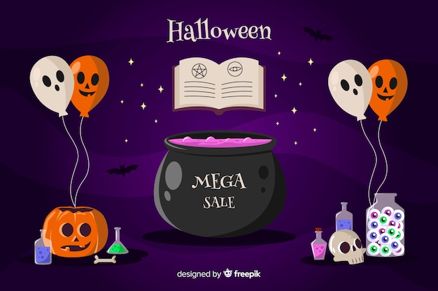 Vector gratuito fondo de brujería de venta de halloween con globos