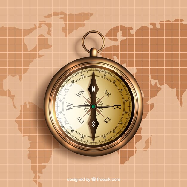 Fondo de brújula dorada sobre mapa del mundo