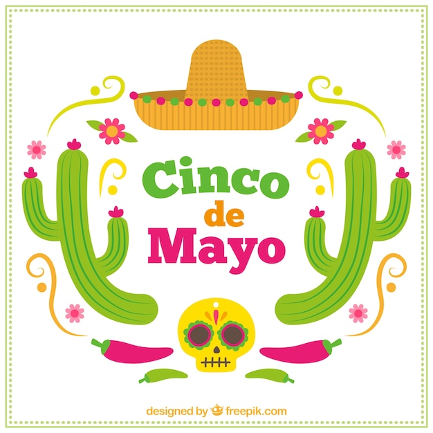 Fondo de cactus con elementos mexicanos en diseño plano 