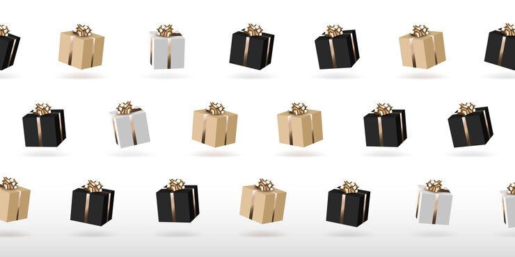 Vector gratuito fondo con cajas de regalo con cinta dorada sobre fondo blanco. banner vectorial con filas de paquetes de regalo 3d realistas, cajas de regalo negras, blancas y marrones con lazo dorado