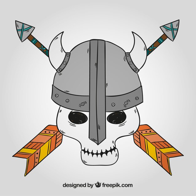 Fondo de calavera con casco de vikingo dibujados a mano 
