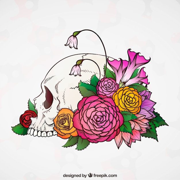 Vector gratuito fondo de calavera con flores de colores dibujadas a mano