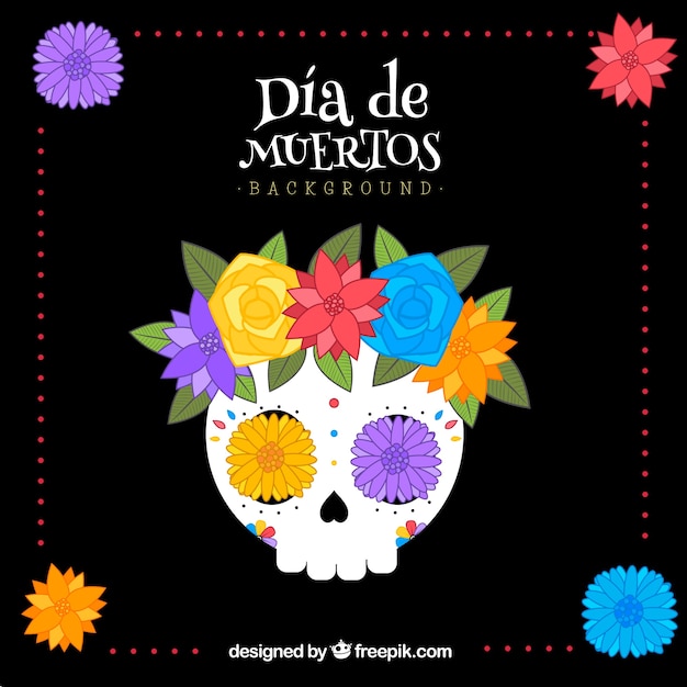 Vector gratuito fondo de calavera con flores dibujadas a mano