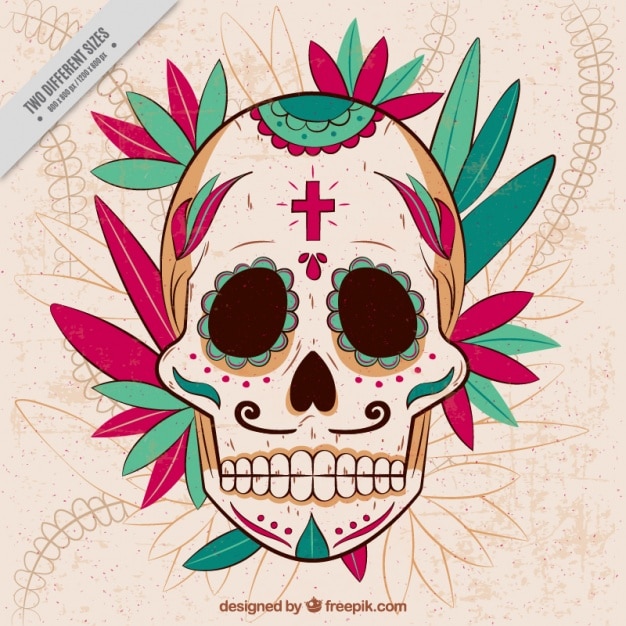 Vector gratuito fondo de calavera mexicana con adornos dibujados a mano