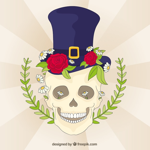 Vector gratuito fondo de calavera con sombrero y elementos florales