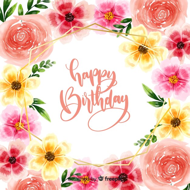 Fondo caligráfico de feliz cumpleaños con flores