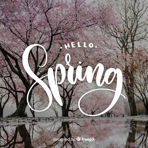 Fondo caligráfico de hello spring con fotografía