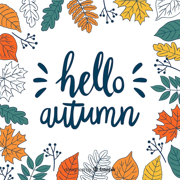 Vector gratuito fondo caligráfico de hola otoño con hojas