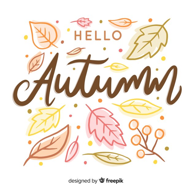 Fondo caligráfico de hola otoño con hojas