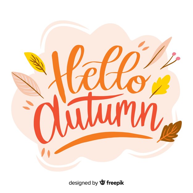 Fondo caligráfico de hola otoño con hojas