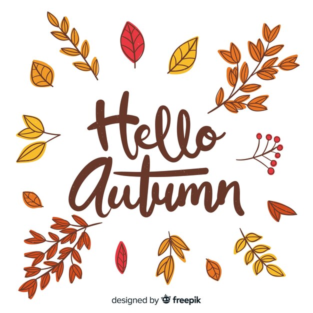 Fondo caligráfico de hola otoño con hojas