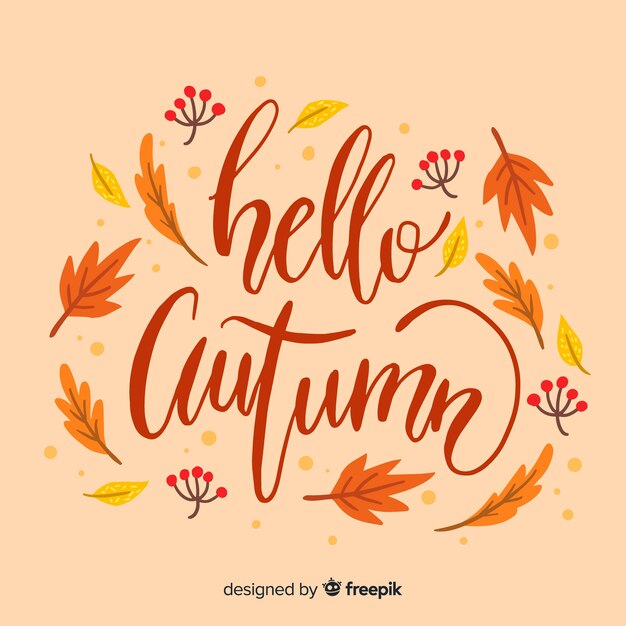 Fondo caligráfico de hola otoño con hojas