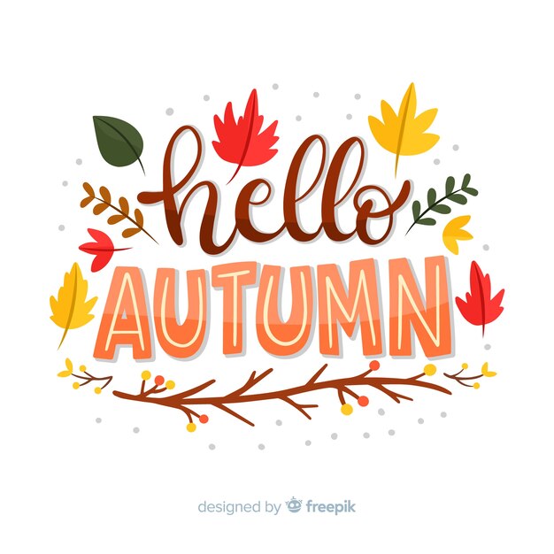 Fondo caligráfico de hola otoño con hojas