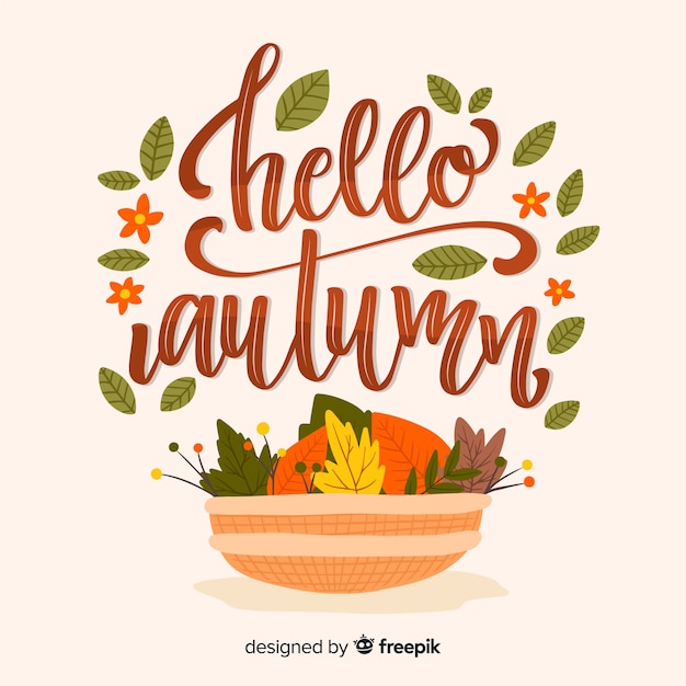 Vector gratuito fondo caligráfico de hola otoño con hojas