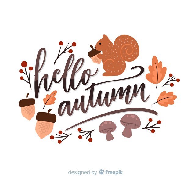 Fondo caligráfico de hola otoño con hojas