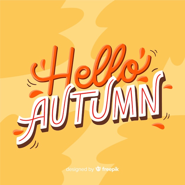 Vector gratuito fondo caligráfico de hola otoño con hojas